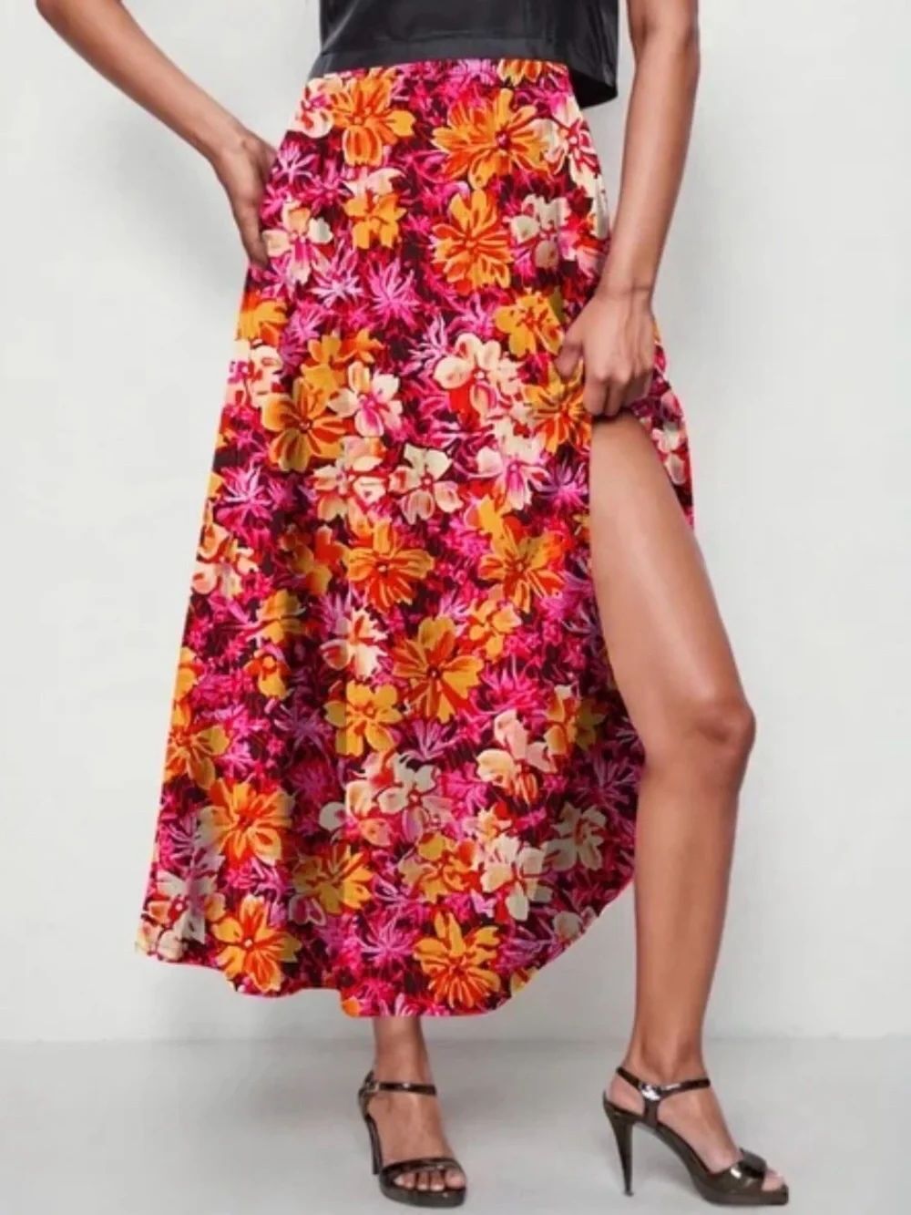 0189 Loft Floral Maxi Skirt in Pink and Orange with Side Slit